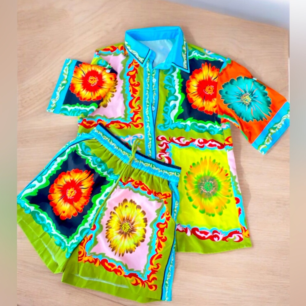 Sunflower Print Button-Down Oversized Shirt